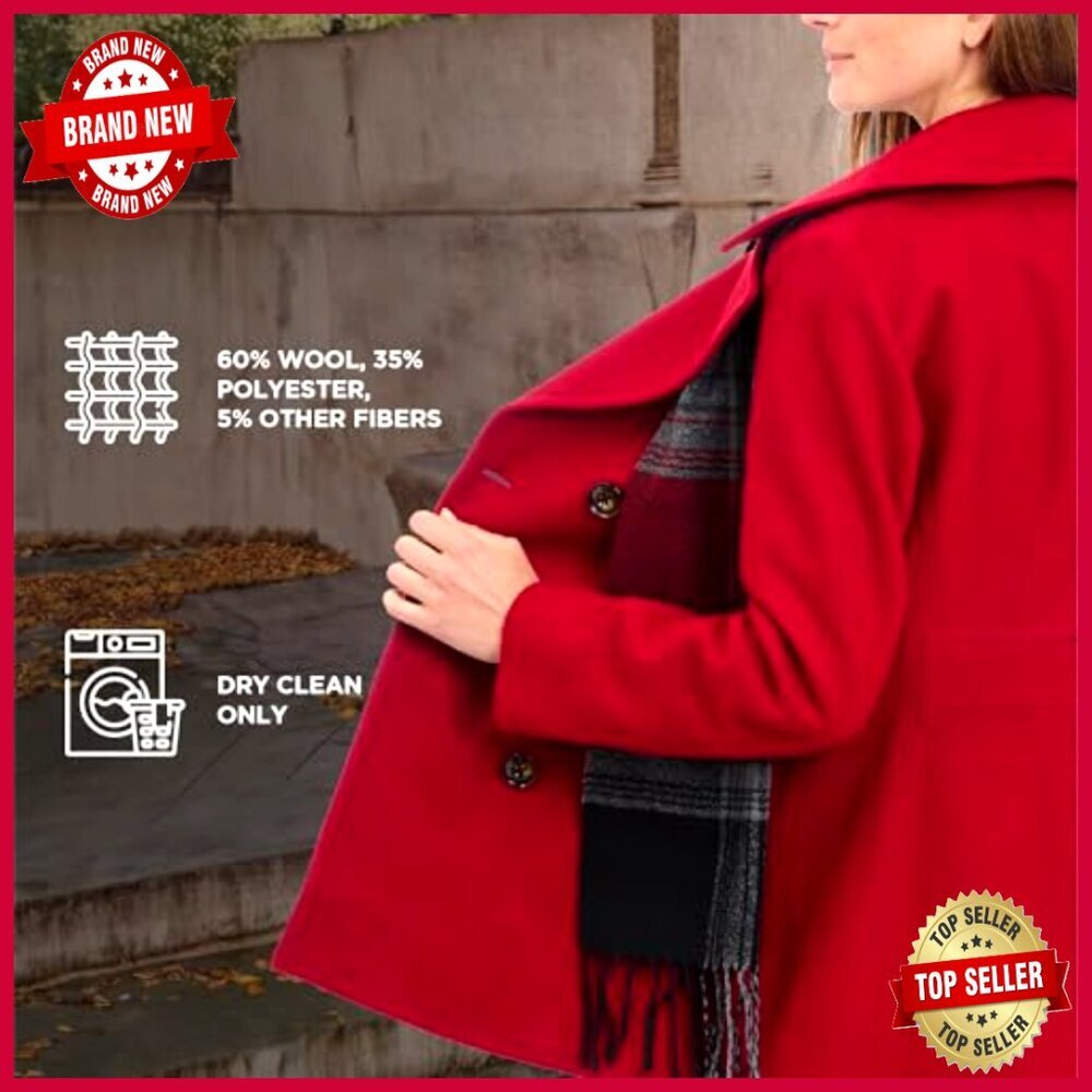 Plus Size Wool Blend Peacoat with Scarf, Double Breasted Winter Coat - Picture 6 of 6